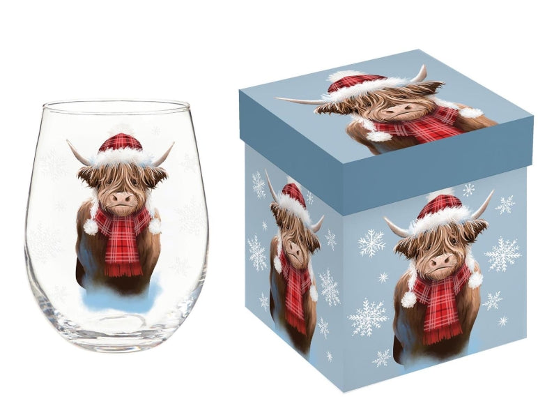 Christmas Highland Cow stemless wine glass
