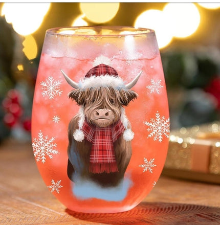 Christmas Highland Cow stemless wine glass