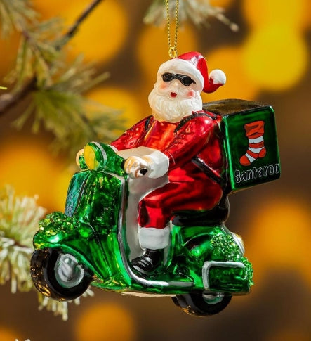 Santa on Moped Glass Ornament, 4.75