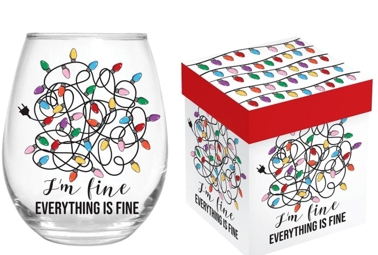 Christmas Stemless Wine Glass, It's Fine, 17oz, Gift Box