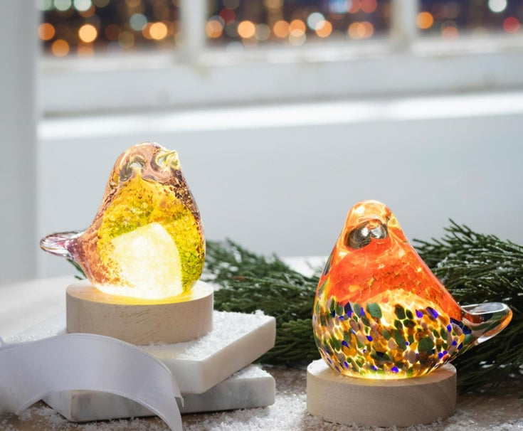 LED Table Decor Art Glass Bird with Wood Base