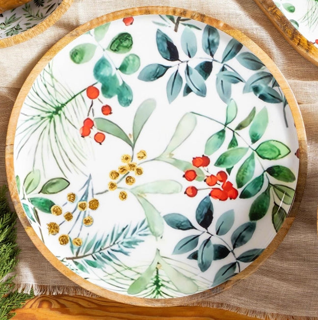 Christmas Round Wood Platter, Festive Foliage