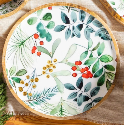 Christmas Round Wood Platter, Festive Foliage