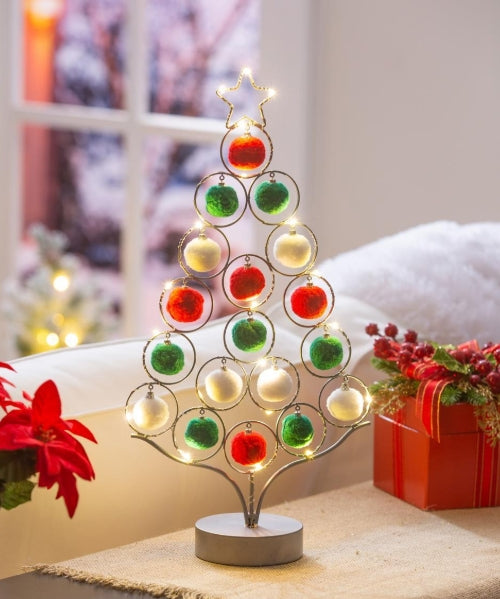 LED Tree with Pom Pom Ornaments Metal Table Décor