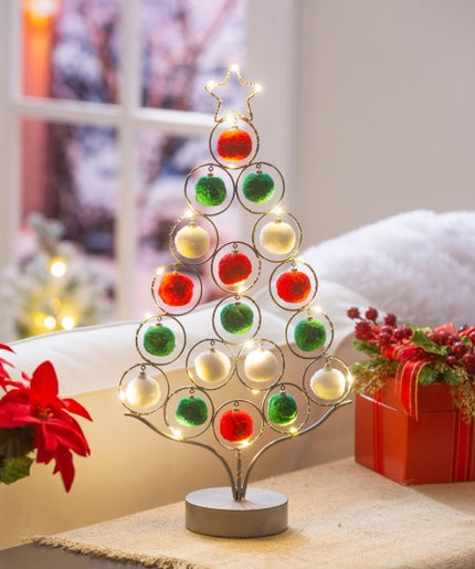 LED Tree with Pom Pom Ornaments Metal Table Décor