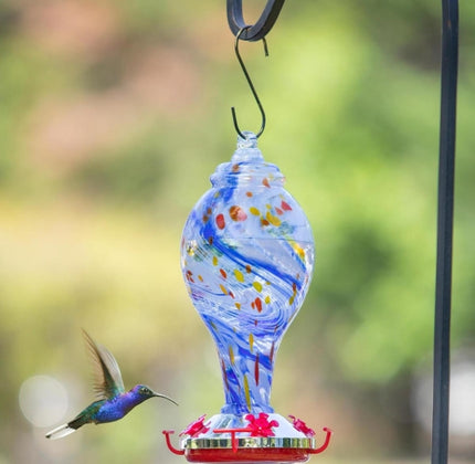 Bird Feeder, Art Glass Hummingbird Feeder, Blue Swirl