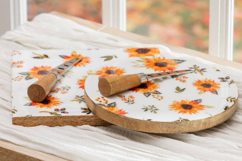 Sunflower Fields Serving Board, Wooden Cheese Board with Knife