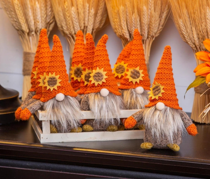 Fabric Fall Gnome with Knit Sunflower Hat Décor