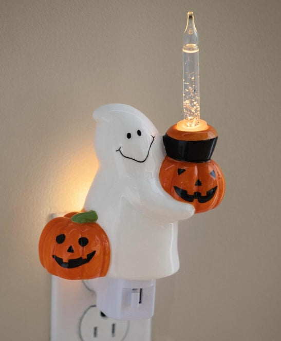 Nightlight Ceramic Ghost with Bubbling Jack-O-Lantern