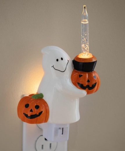 Nightlight Ceramic Ghost with Bubbling Jack-O-Lantern