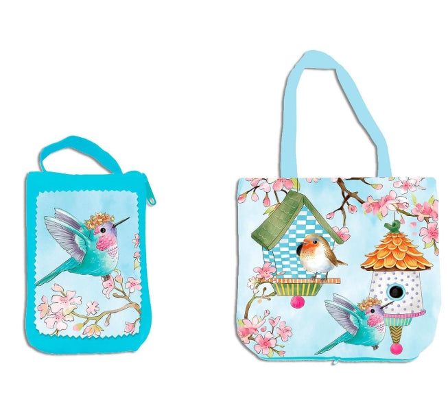 Bird House & Birds on Cherry Blossoms Compact Tote Bag