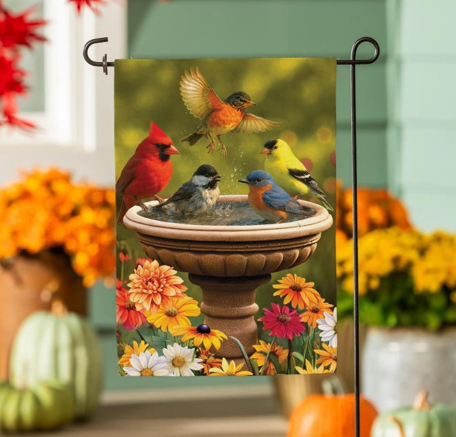 Bathing Birds Burlap Garden Flag