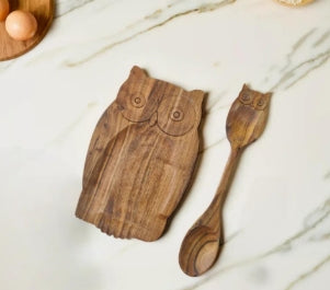 Acacia Wood Owl Spoon Rest with Spoon