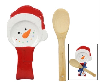 Ceramic Vibrant & Bright Snowman Spoon Rest w wooden spoon