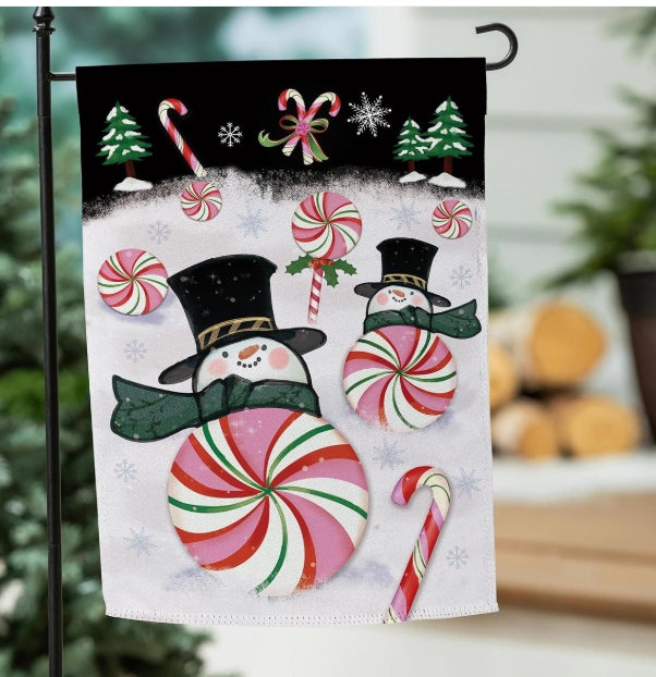 Peppermint Snowmen Suede Garden Flag
