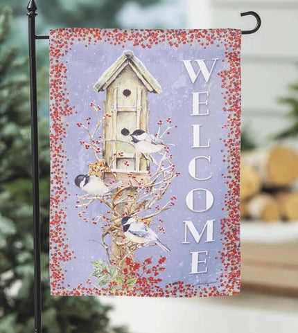 Chickadee Welcome Suede Garden Flag