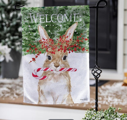 Rabbit with candy cane Christmas welcome garden flag