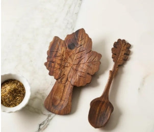 Acacia Wood Leaf spoon rest and spoon