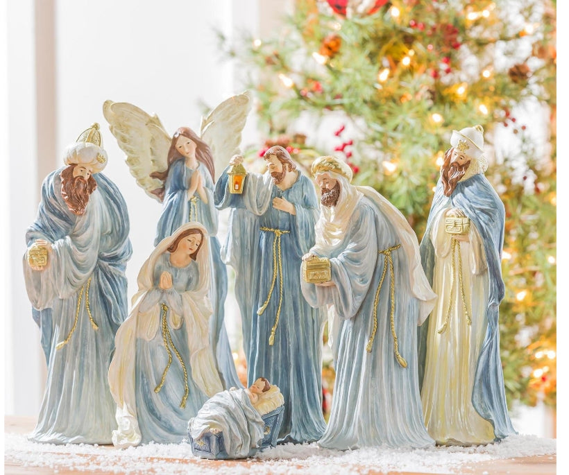 Nativity Garden Statue, Resin Statue, Nativity with Blue Accents, 13.3