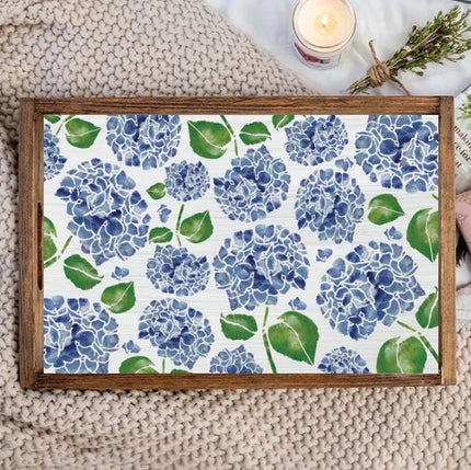 Round wooden tray with Hydrangea design 14 inch