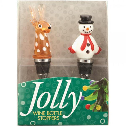 Reindeer and Snowman Glass Bottle Stopper Set