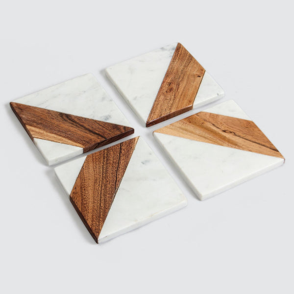 4" Square Marble & Acacia Wood Coaster - Set of 4