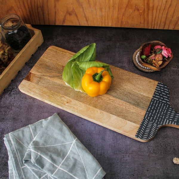 Mango Wood Serving Board with Enameled Handle, Natural & Blue