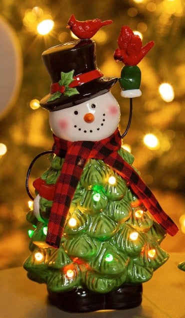 LED Table Decor Ceramic Snowman with Christmas Tree Body and Cardinals