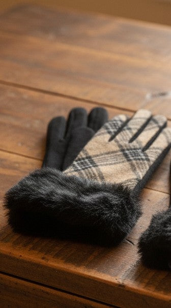 Women's Plaid Gloves with Faux Fur Cuffs