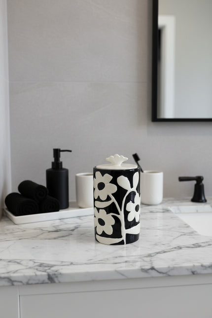 Ceramic Black and White raised floral canister