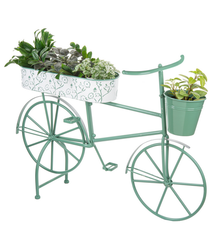 Sage and white metal bike plant stand