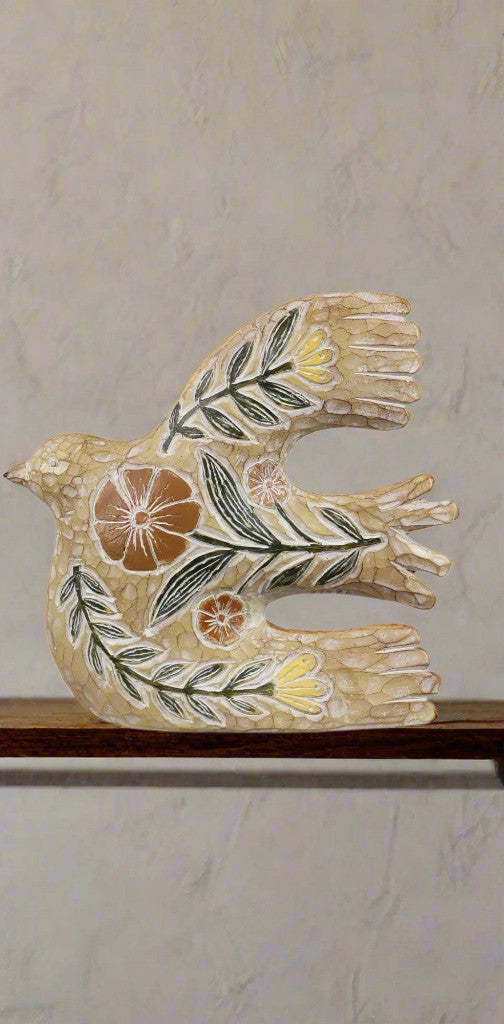 Resin Carved Tabletop Bird Figurine with Floral Design