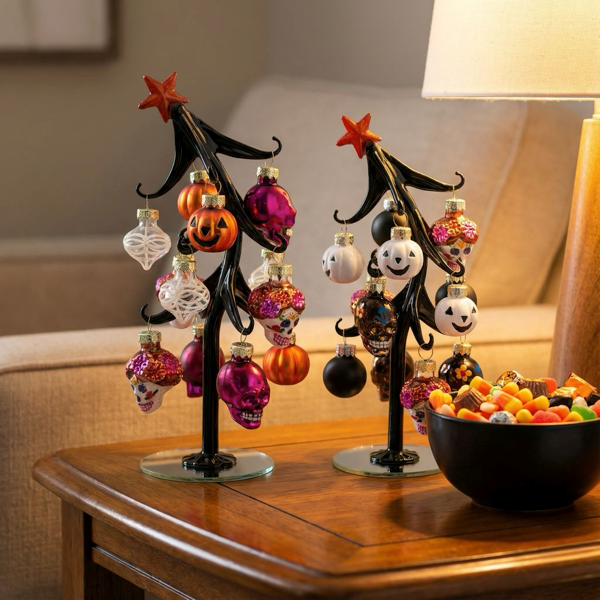 Sugar Skull Slanted Glass Tree with Ornaments