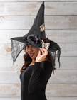 Black Hat with Black Flowers, Skull & Net