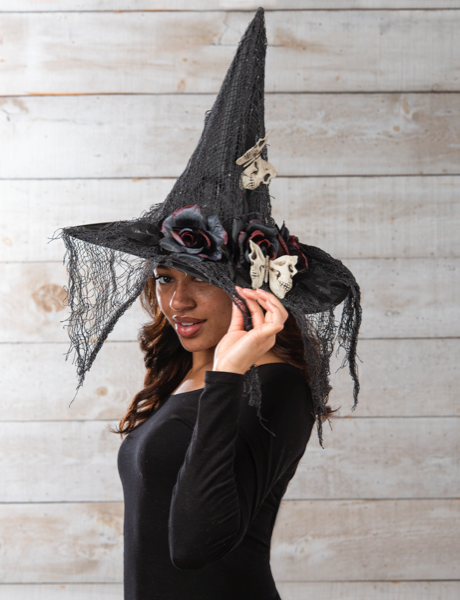 Black Hat with Black Flowers, Skull & Net