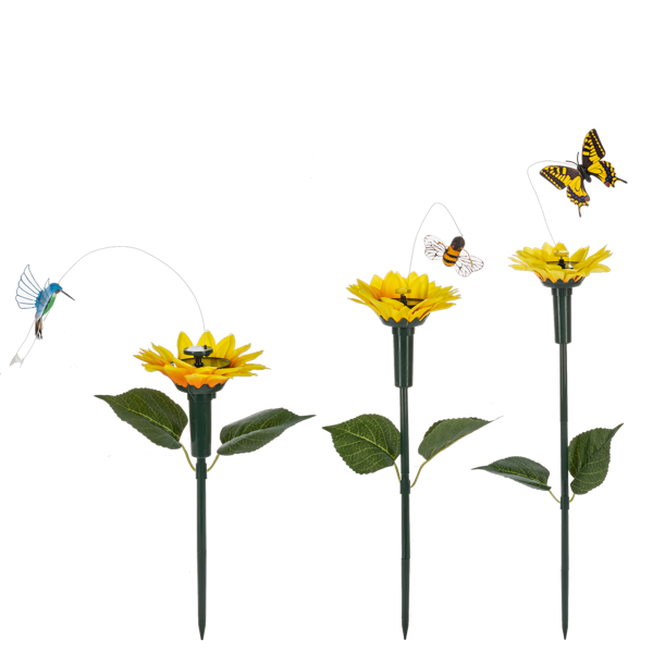 Solar Powered Fluttering Pollinator and Flower Garden Stake