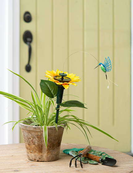 Solar Powered Fluttering Pollinator and Flower Garden Stake