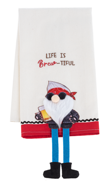 Gnome Happy Hour Tea Towel with Dangling Legs
