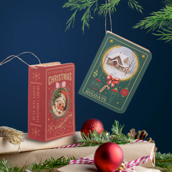 Holiday Wooden Story Book Ornaments in a Book Box (13 pc)