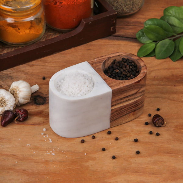 Marble & Acacia Wood Salt and Pepper Container, White & Natural