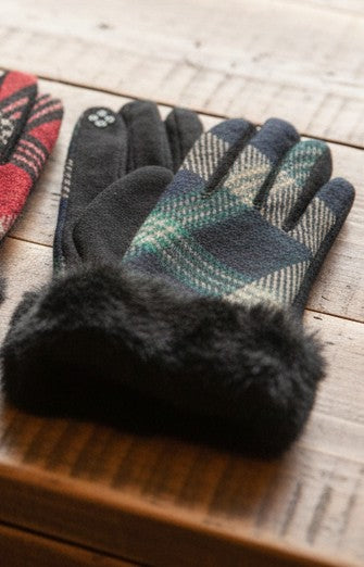 Women's Plaid Gloves with Faux Fur Cuffs
