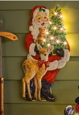 Traditional Santa Decorative Garden Accent, LED Metal Porch Leaner
