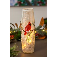 LED Glass Hand painted Cardinal and Pinecone Cylinder