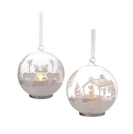Glass Ball LED Reindeer or Cabin Ornament