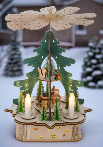 LED Light Up Laser-Cut Rotating Pyramid Scene Music Box