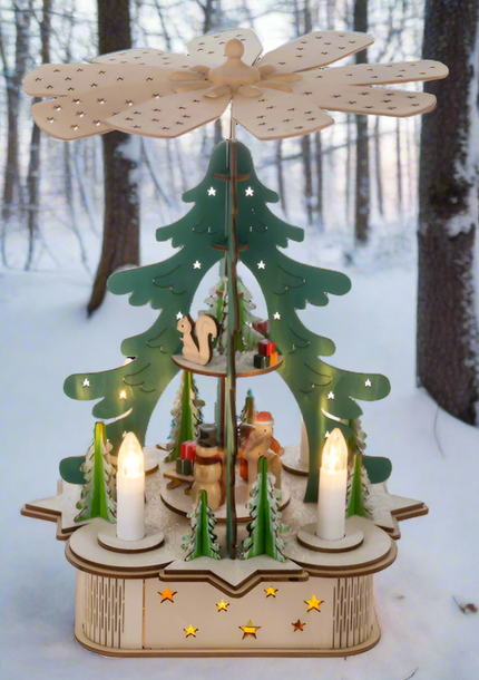 LED Light Up Laser-Cut Rotating Pyramid Scene Music Box