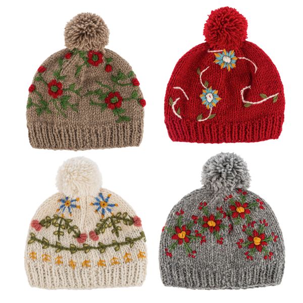 Embroidered Beanie Hat w/Pom-Pom