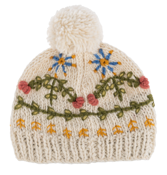 Embroidered Beanie Hat w/Pom-Pom