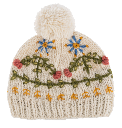 Embroidered Beanie Hat w/Pom-Pom