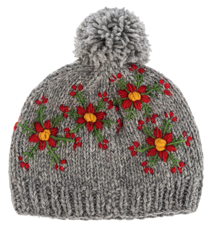 Embroidered Beanie Hat w/Pom-Pom